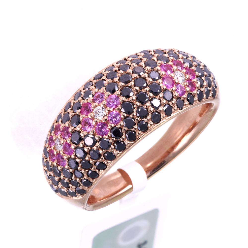 Золотое кольцо с чёрным бриллиантом и розовым сапфиром