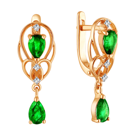 Gold earrings with diamond and emerald