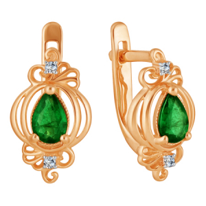 Gold earrings with diamond and emerald