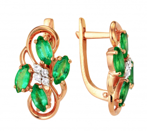 Gold earrings with diamond and emerald