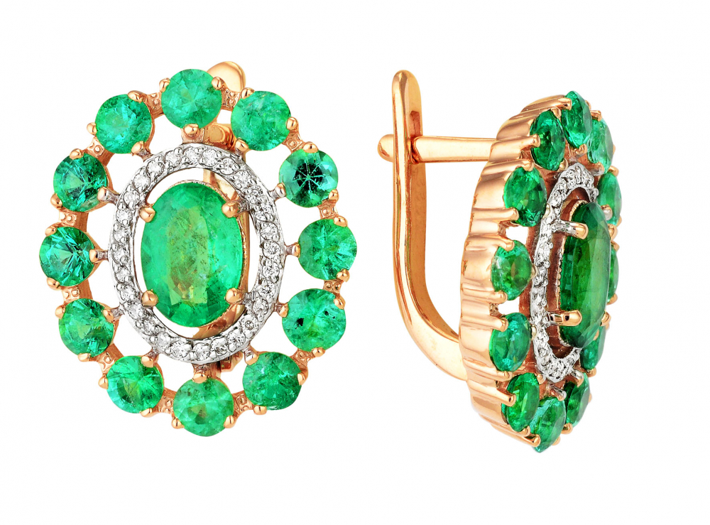 Gold earrings with diamond and emerald