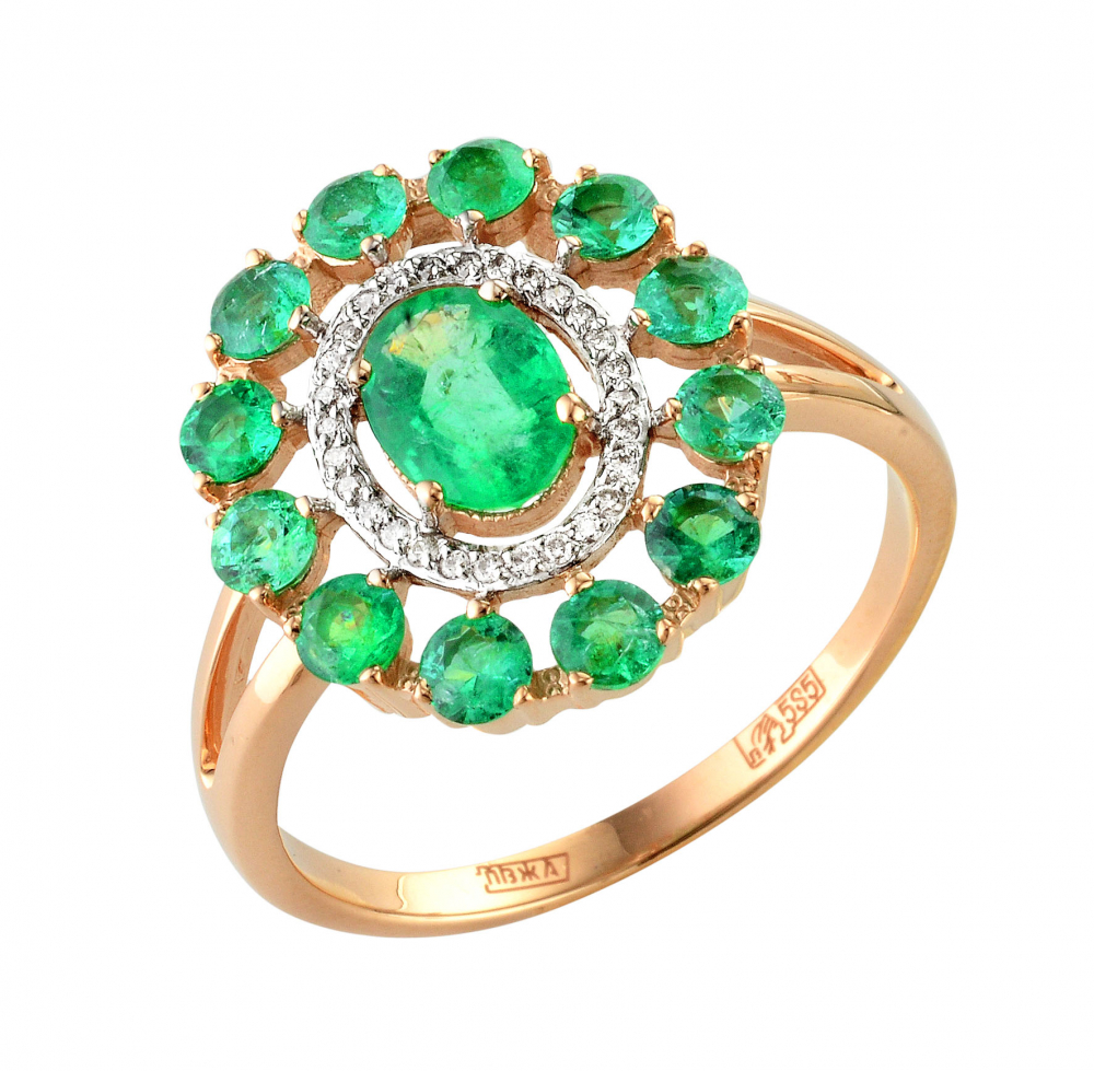 Gold ring with diamond and emerald